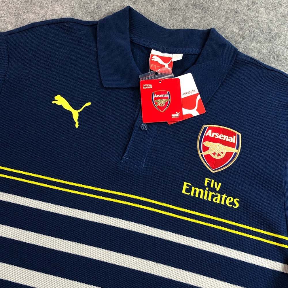 New Puma Mens Arsenal Shirt Large FC Hooped Polo Blue Striped Embroidered NWT
